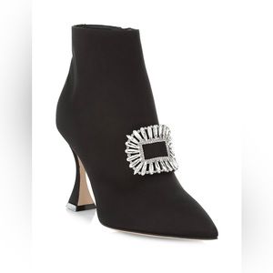 Manolo Blahnik Cantita 90 Embellished Buckle Satin Booties